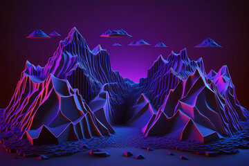 Abstrakter violetter Hintergrund mit fliegende Felsen der virtuellen Realität, Cyberspace-landschaft mit unwirklichen bergen. Neon-Drahtmodell-Gelände