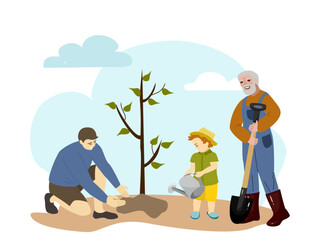 Happy grandfather, father and grandson Planting Tree Together. Activity in the garden. Vector illustration
