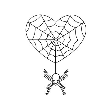 Vector isolated heart shaped spider web gossamer cobweb with hanging spider colorless black and white contour line easy drawing