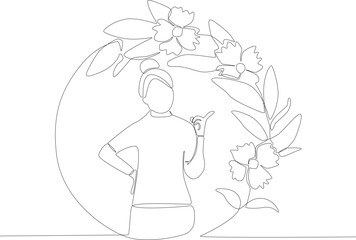 A woman posing with one hand on the waist and pointing to the side. Floral frame one line drawing