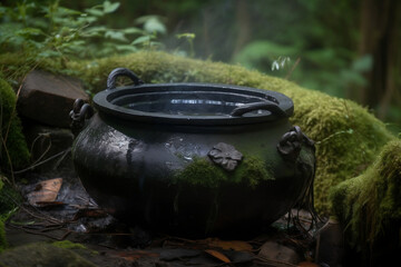 A witch iron cauldron with smoke coming out

