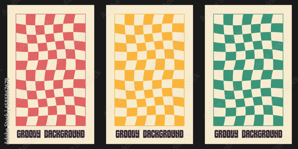 Sticker vector set of groovy vertical backgrounds in trendy 70s style. chessboard backgrounds