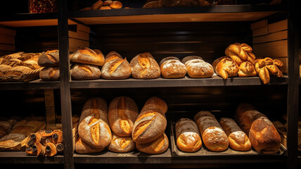 Different types of bread loaves on bakery shelves. Generative Ai