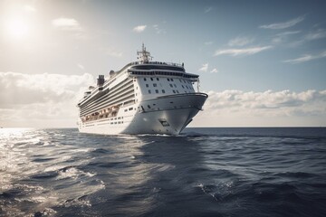 Fototapeta na wymiar A large white cruise ship sails through the sea. Generative AI