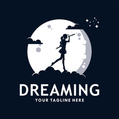 women reaching dreams in the moon logo design template