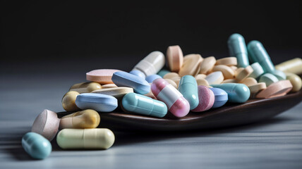 Assorted pharmaceutical medicine pills, tablets and capsules on wooden spoon. Generative Ai