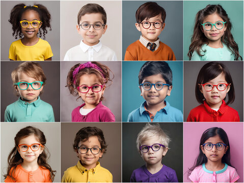Collage of toddlers portraits in colorful eyeglasses. Child eye check, inclusive medicine, optic store for kids concept. AI Generative