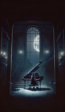 a young woman playing the piano alone in an abandoned mansion