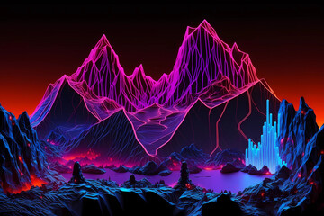 Abstrakter violetter Hintergrund und Konturen der virtuellen Realität, Cyberspace-landschaft mit unwirklichen bergen. Neon-Drahtmodell-Gelände