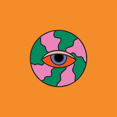 One eyed sun. The circle of the phase of the eye is one. Psychedelic retro style. Vector illustration isolated on white background. Flat design, cartoon.