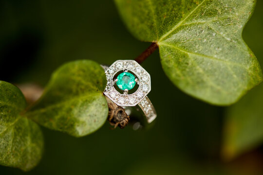 esmeralda, anillo, macro, metal, oro, plata, verde, hoja, naturaleza