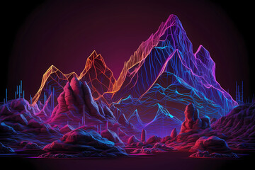 Abstrakter violetter Hintergrund der virtuellen Realität, Cyberspace-landschaft mit unwirklichen bergen. Neon-Drahtmodell-Gelände. Neon Konturen.