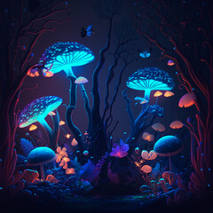 Obraz na płótnie Canvas Fantastic glowing mushrooms in a magical forest. Generative AI