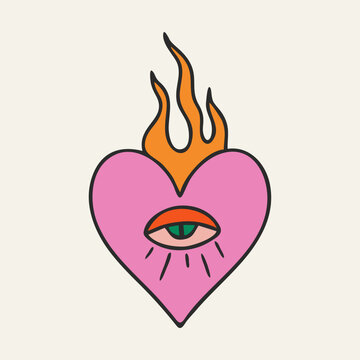 Sacred Mexican heart, my heart. Burning heart with an eye. Cartoon style. Color handmade postcard. Love romantic concept. Fashion vector illustration.