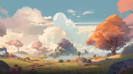 the landscape of enchanted mountains and flowers, fields of flowers , generative AI