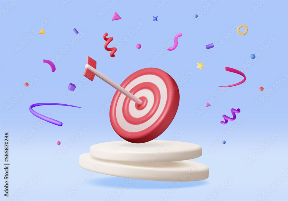 Aufkleber 3d target with arrow in center on podium icon isolated. render dartboard with arrow and confetti. go