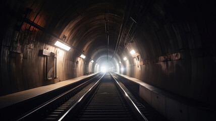 Subway tunnel with blurred light tracks with arriving train in the opposite direction. Generative Ai