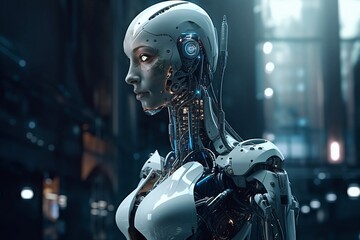 Robot android woman, metallic body. Futuristic city background. Generative AI.