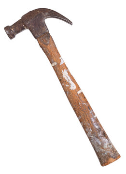 Old, Rusty and Paint Spattered Wooden Hammer Isolated On White