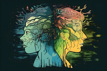 Schizophrenia concept, symbol of depresion, dementia. Generative AI