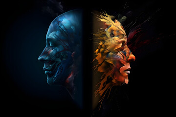 Schizophrenia concept, symbol of depresion, dementia. Generative AI