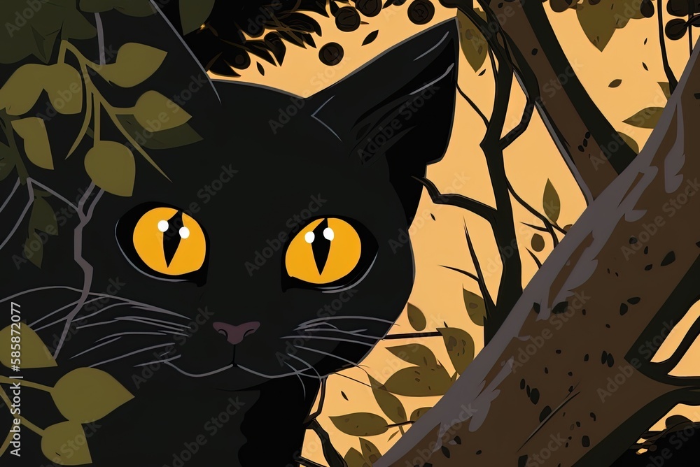 Poster a closeup of a black cat under a tree generative ai
