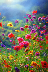 Obraz na płótnie Canvas Summer landscape, countryside flowers and meadows, Generative Ai.