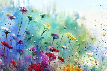Obraz na płótnie Canvas Watercolor flowers background, abstract flowers made of watercolor paint splashes. Generative Ai.