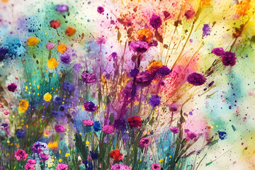 Fototapeta premium Watercolor flowers background, abstract flowers made of watercolor paint splashes. Generative Ai.