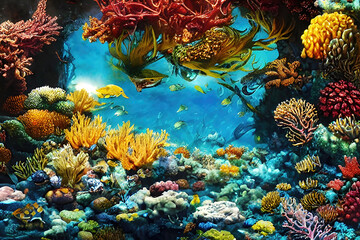Fototapeta na wymiar Coral reef underwater illustration, beautiful undersea coral reef background. Generative Ai.