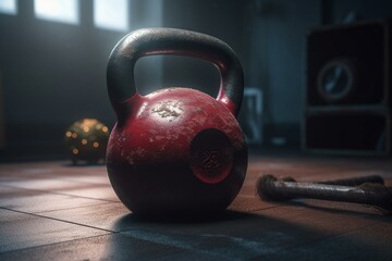 Fototapeta na wymiar Heavy red iron kettlebell, holiday fitness. Generative AI