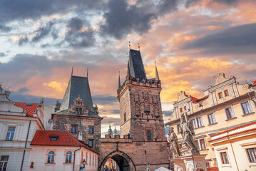 A view of the bridge tower at the end of the Charles Bridge on the side of Mala Strana, Prague, Czech Republic.