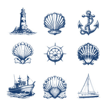 Marine doodles set with ships, boats and nautical anchors. Vector illustrations in hand drawn style.