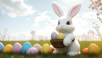 Cute easter bunny with easter eggs on grass field by generative AI