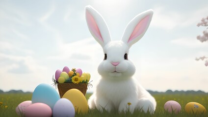 Cute easter bunny with easter eggs on grass field by generative AI