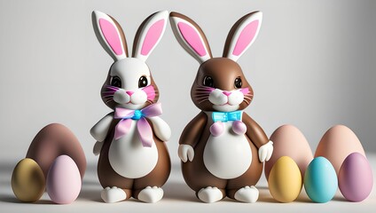 Chocolate easter bunny with easter eggs on ground by generative AI