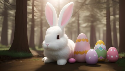 Cute easter bunny with easter eggs in forest by generative AI