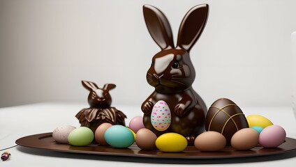 Chocolate easter bunny with easter eggs on plate by generative AI