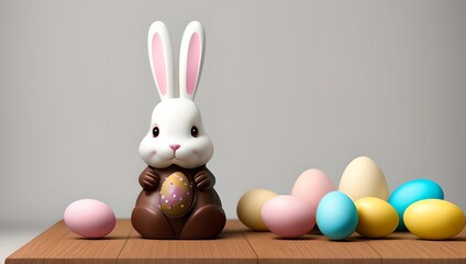 Chocolate easter bunny with easter eggs on table by generative AI