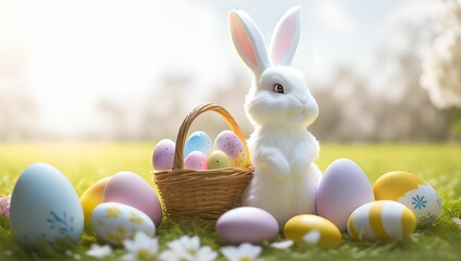 Cute easter bunny with easter eggs on grass field by generative AI