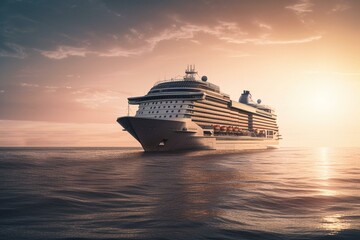 Fototapeta na wymiar Luxury cruise ship sailing from the port at sunrise across the ocean. Beautiful summer background. 3D Rendering. Generative AI