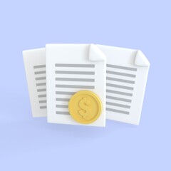 Document 3d render icon. Stack of paper sheet with text and golden coinfor finance loan or tax. business money finance and assignment files concept.