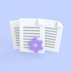 Document 3d render icon. Stack of paper sheet with text and gear for project management, software development. business and development files concept.