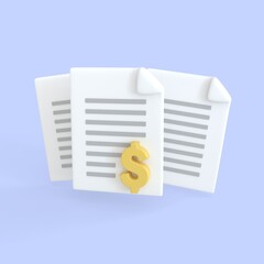 Document 3d render icon. Stack of paper sheet with text and dollar sign for finance loan or tax. business money finance and assignment files concept.