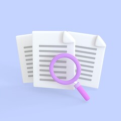 Document 3d render icon. Stack of paper sheet with text and magnifying glass for searching image and video files in database. business and management files concept.