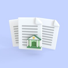 Document 3d render icon. Stack of paper sheet with text and bank icon for finance loan or tax. business money finance and assignment files concept.