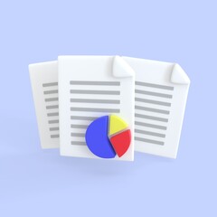 Document 3d render icon. Stack of paper sheet with text and pie chartfor searching and calculate statistic files in database. business money finance and development files concept.