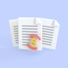 Document 3d render icon. Stack of paper sheet with text and dollar sign and circle arrowfor payment transaction money currency.business money finance and assignment files concept.
