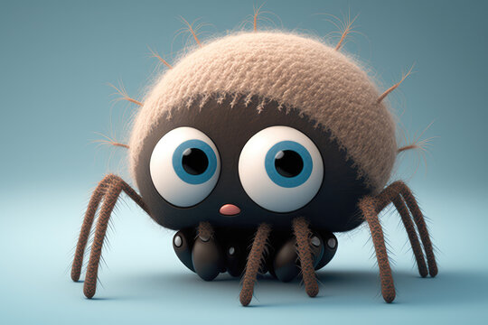 Cute insect cartoon character. Isolated on flat background with copy space. Small baby spider with hairy legs. 3d render illustration. Generative AI art.