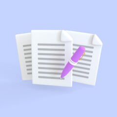 Document 3d render icon. Stack of paper sheet with text and pen writing for important signatures and coperation agreement.creative business planning and assignment files concept.